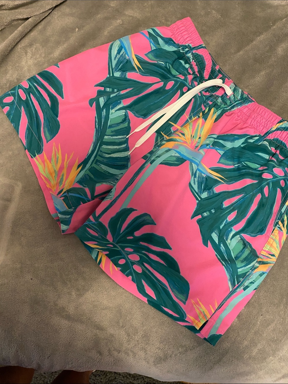 Chubbies Tropical Pink Swim Shorts with Green Leaf Print